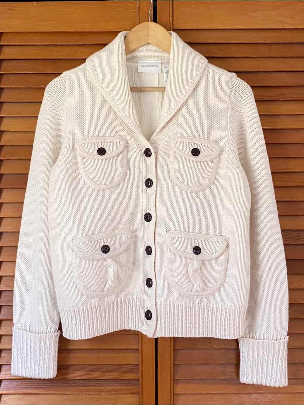 Vintage Liz Claiborne Cardigan Sweater Women's Size Small Wool Blend Knit Cream